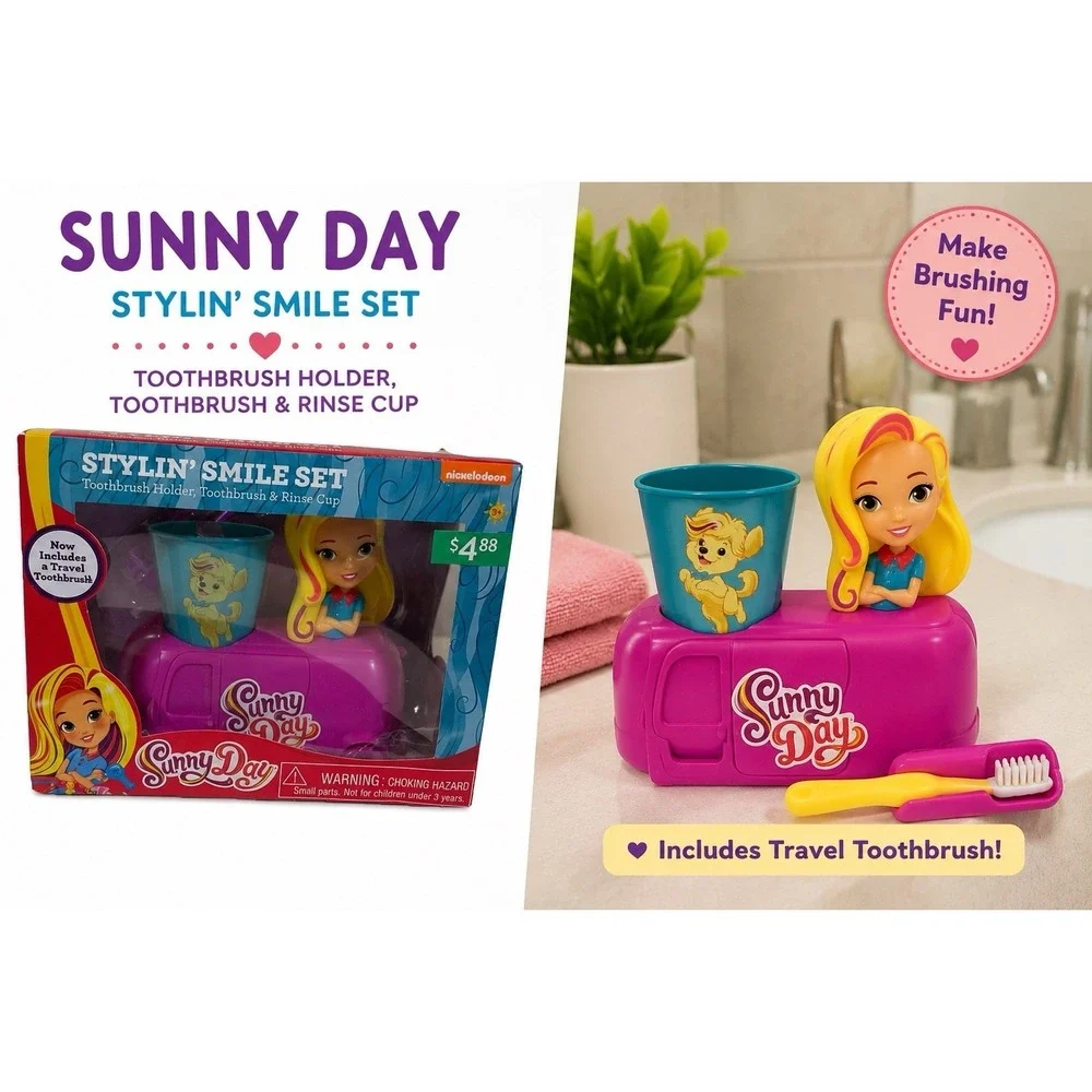Nickelodeon NIB Sunny Day Stylin' Smile Set Toothbursh Holder & Rinse Cup